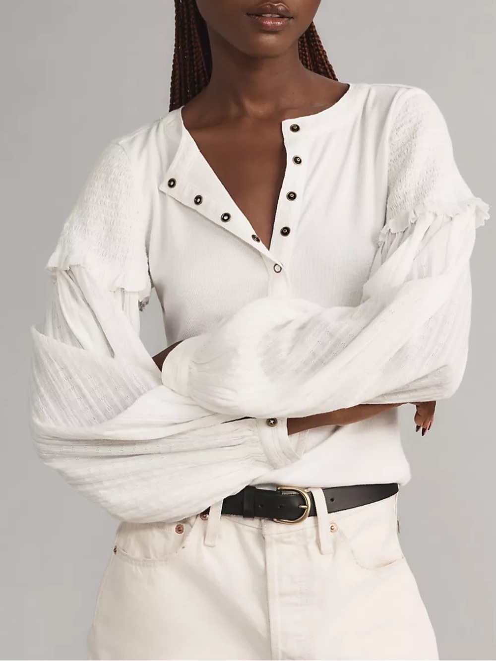 Anthropologie Pilcro Andie White Balloon Sleeve Henley Button Shirt